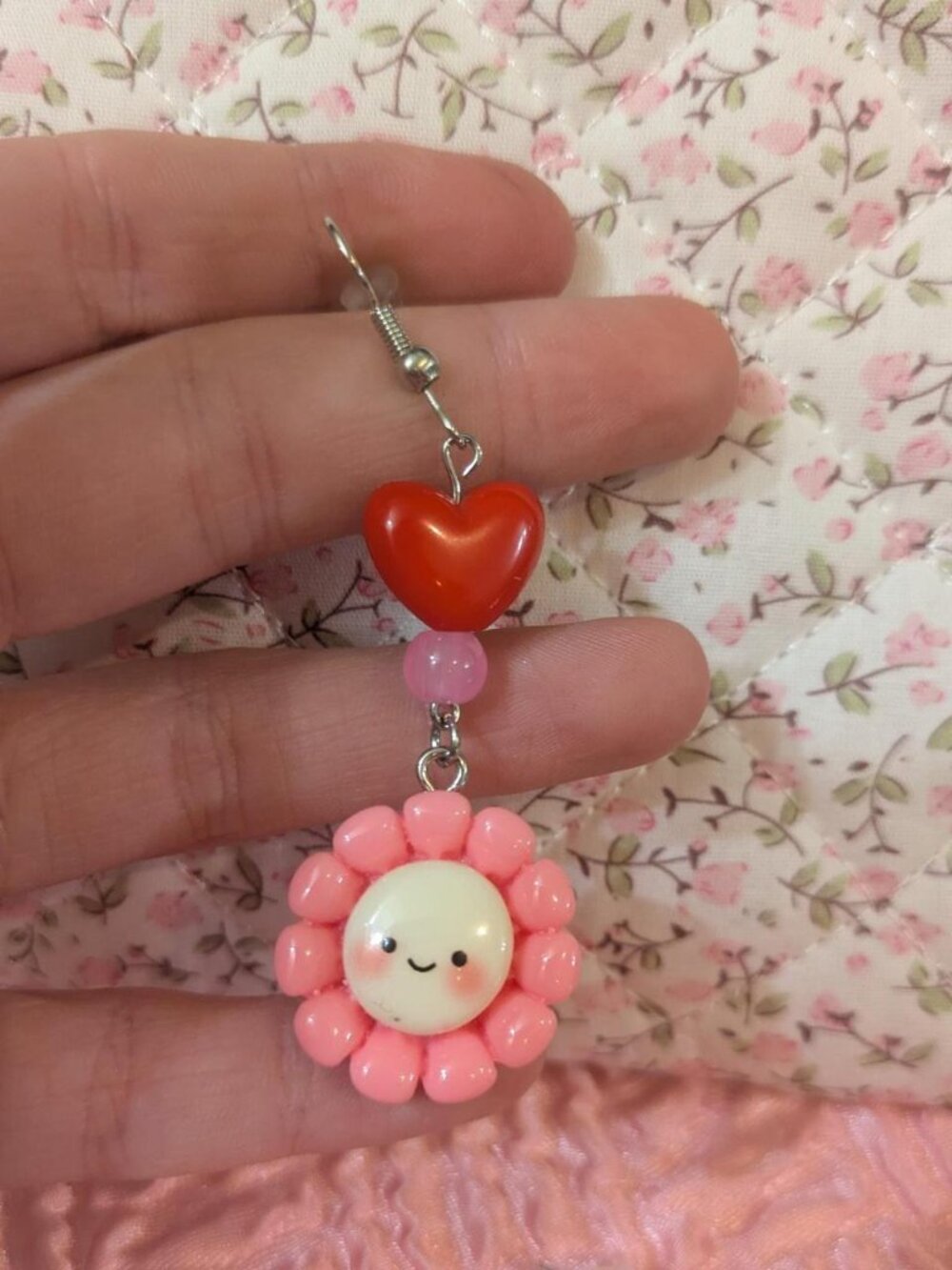 handmade pink happy flower and red heart cute whimsical dangle earrings